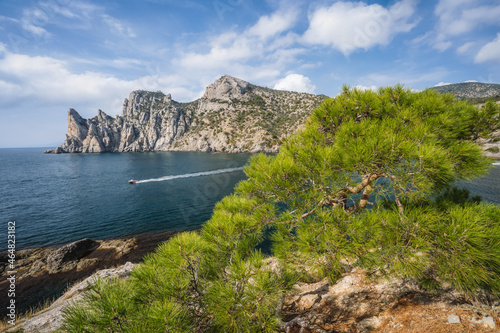 Landscape view of Karaul-Oba mountain and Blue bay in Crimea, New Light resort, Russian Federation