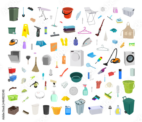 Collection of equipment for cleaning. Realistic objects isolated on white background.