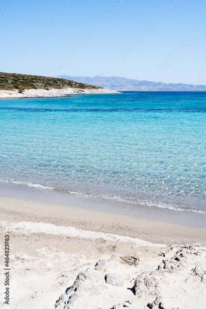 Paralia Sostis beach with beautiful blue water. Antiparos island ...