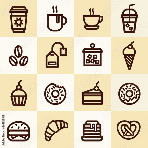 Food and drink vector line icons. Simple set of coffee, tea and desserts icons for lunchtime - hot coffee, tea,cocoa, cold drink, suger, ice-cream, cupcake, donuts, pretzel, burger, croissant, pancake