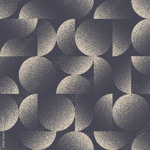 Bauhaus Seamless Pattern Stippled Circle Semicircle Shapes Aesthetic Vector Abstract Background. Tileable Geometric Halftone Texture Dotted Rounded Repetitive Wallpaper. Retro Colors Art Illustration