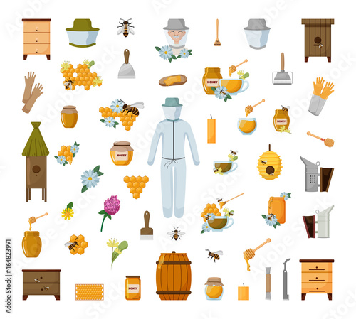 Collection of beekeeping objects. Vector illustration for a bee farm.