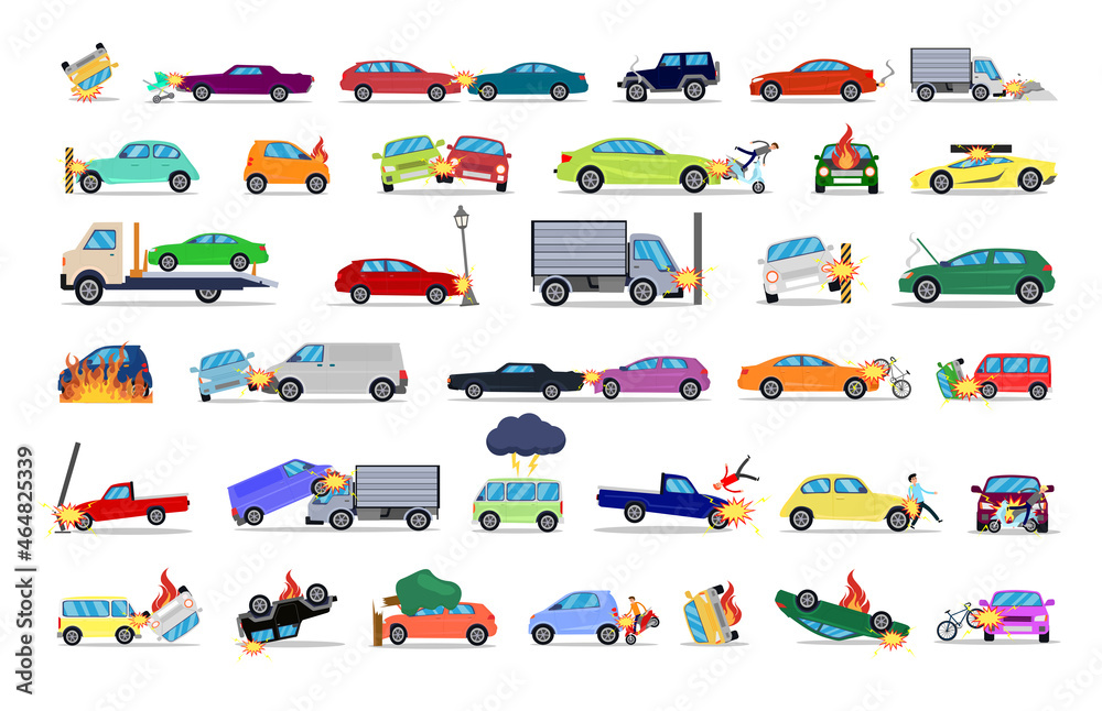 A selection of road traffic accidents. Emergency situations involving cars, vans, people, motorcycles, bicycles, strollers. Collisions and fires of vehicles. Car crashes illustrations.