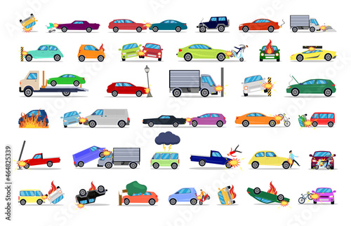 A selection of road traffic accidents. Emergency situations involving cars, vans, people, motorcycles, bicycles, strollers. Collisions and fires of vehicles. Car crashes illustrations.