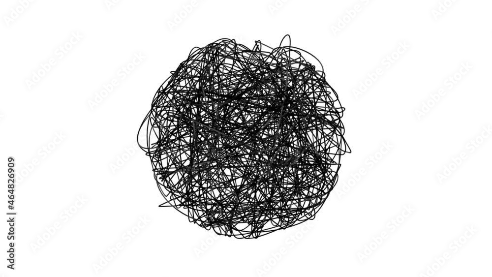 Hand drawn tangle scrawl sketch or black line spherical abstract scribble shape. Tangled chaotic and nervous doodle circle or thread clew knot spinning on white background. 4K looped animation