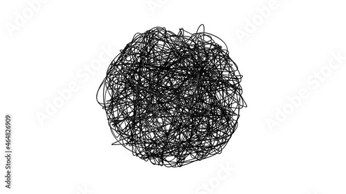Hand drawn tangle scrawl sketch or black line spherical abstract scribble shape. Tangled chaotic and nervous doodle circle or thread clew knot spinning on white background. 4K looped animation