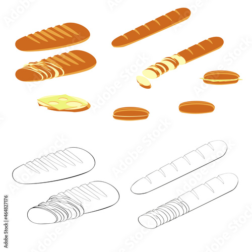 A vector illustration of baguettes and loaves  isolated on white background. Designed in light brown  black and white colors for coloring book page  prints  wraps  templates