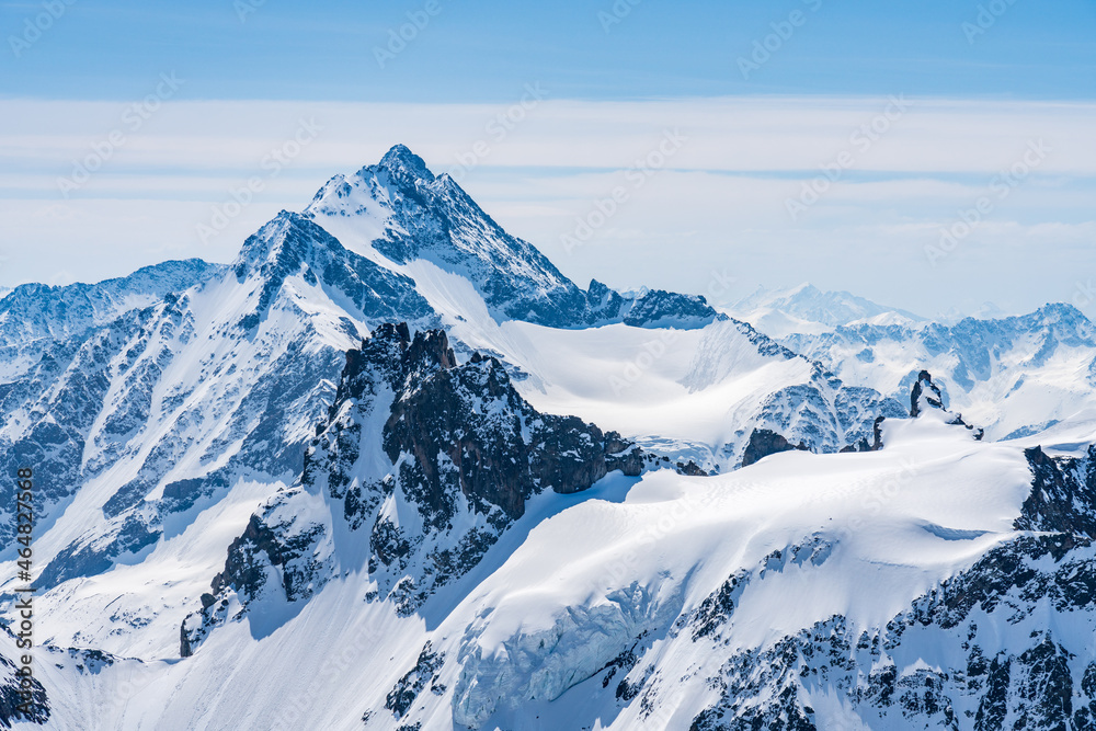 Switzerland, Panoramic view on Snow Alps and Blue Sky around Titlis mountain