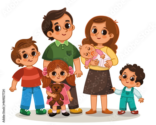 Cute cartoon family of six with mum dad and for kids. Vector illustration.
