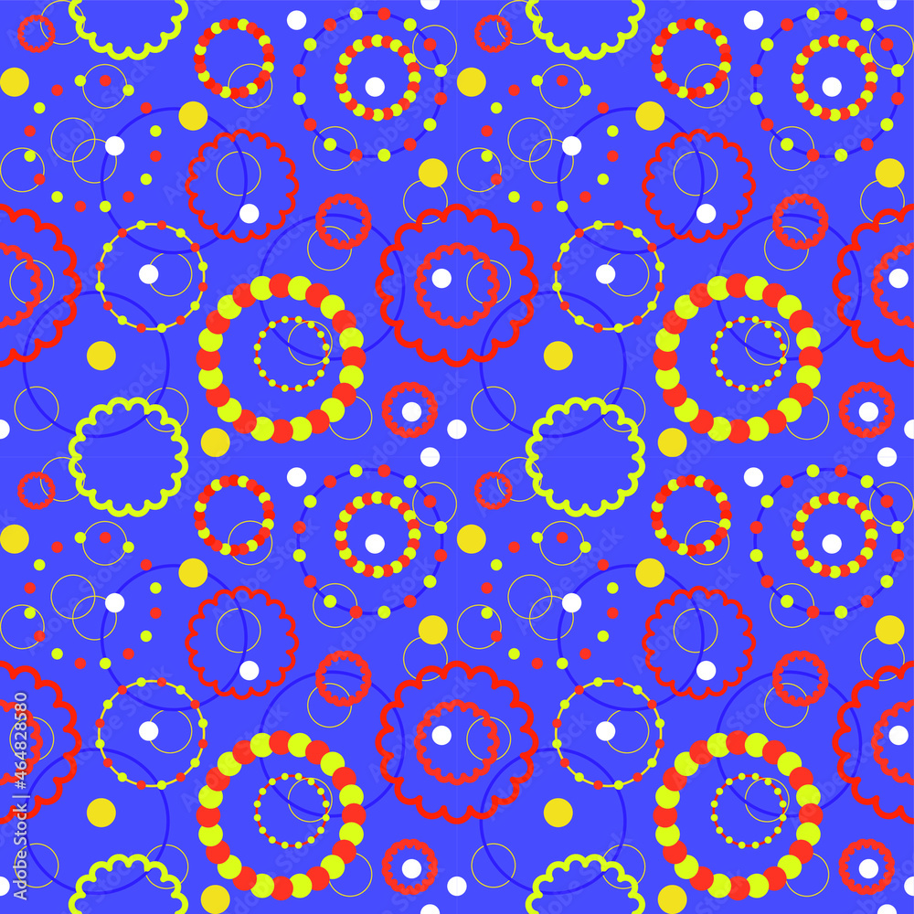 Vector graphics is a beautiful abstract seamless ornament with multicolored circles on a blue background of trendy colors. Concept - holiday gift wrapping Vector graphics is a beautiful abstract seamless ornament with multicolored circles on a blue background of trendy colors. Concept - holiday gift wrapping