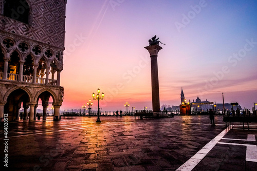 The column of San Marco with his winged lion in Venice at dawn © joan