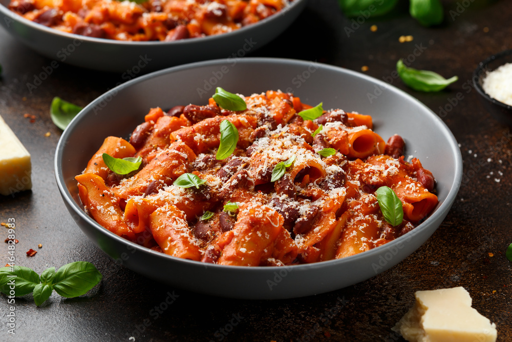 Traditional Italian Pasta e fagioli with bean, tomato and parmesan cheese Traditional Italian Pasta e fagioli with bean, tomato and parmesan cheese
