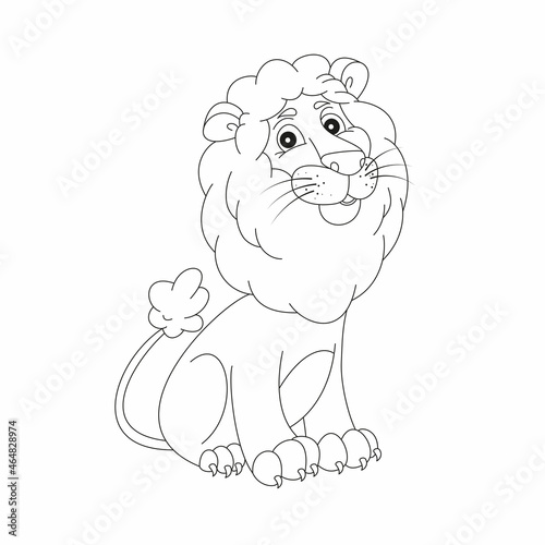 Coloring book pages for adults and kids. Vector black and white contour picture of a cute lion.