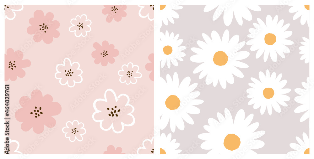 Seamless patterns with cute hand drawn daisy flower on  pastel pink and grey backgrounds vector illustration. 
