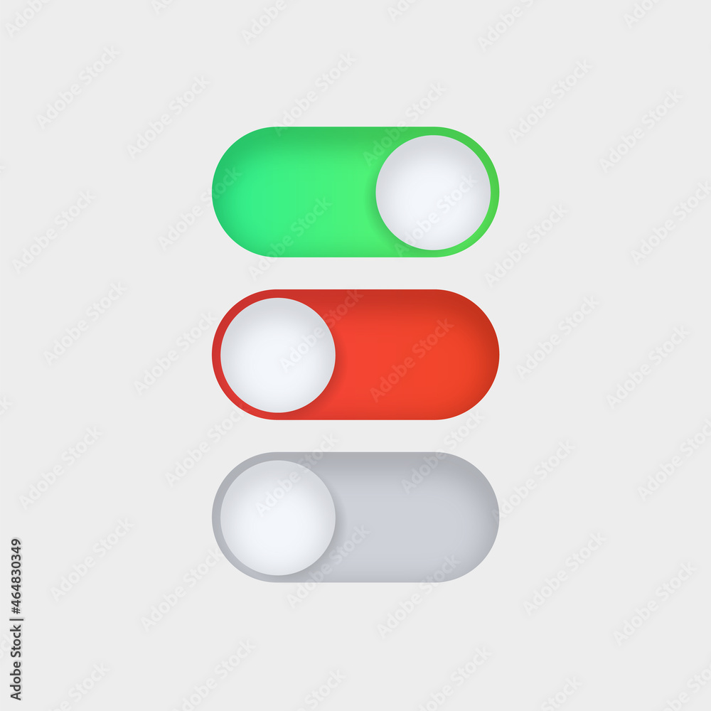 On Off toggle switch buttons, checkmark icons yes or no with switch slider in modern toggle, green tick and red cross symbols for user interface, apps and website On Off toggle switch buttons, checkmark icons yes or no with switch slider in modern toggle, green tick and red cross symbols for user interface, apps and website
