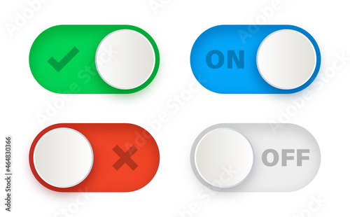 On Off toggle switch buttons, checkmark icons yes or no with switch slider in modern toggle, green tick and red cross symbols for user interface, apps and website