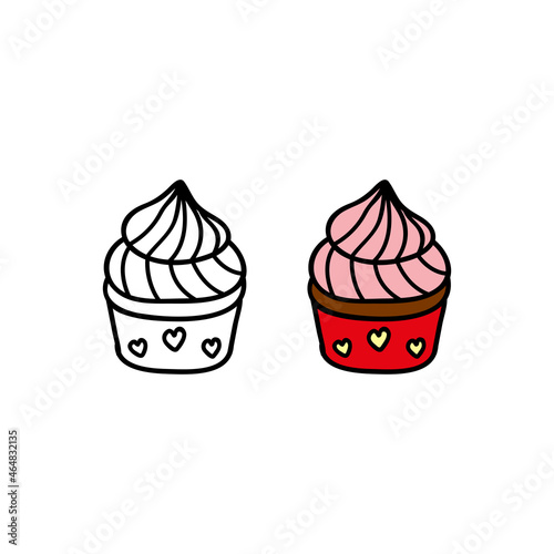 Hand drawn colored and outline cupcake.