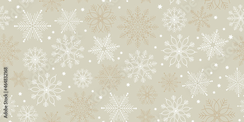 Winter seamless background with snowflakes pattern. Silver gold boho nautral baige Christmas motif.