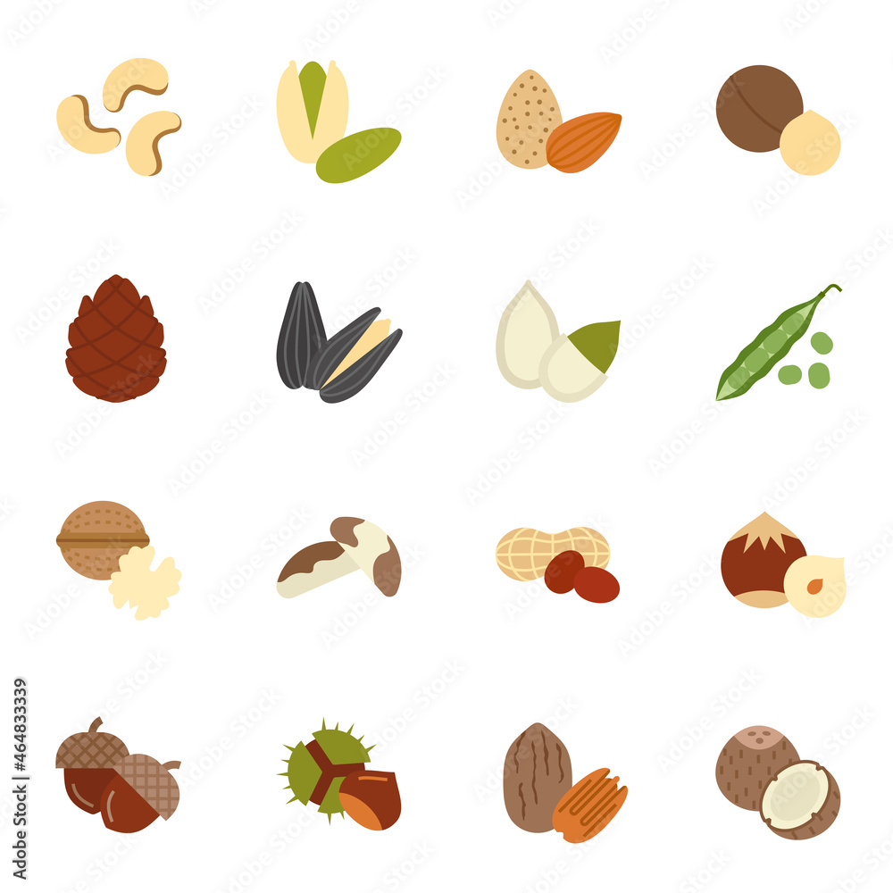 Nuts, Seeds and Beans flat color icons set 1 with white background. Nuts, Seeds and Beans flat color icons set 1 with white background.