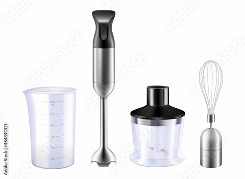 Blender, Food Processor And Whisk Tools Set Vector. Immersion Blender Measuring Cup And Container With Cut Sharp Blade. Chef Electronic Appliance For Cooking Template Realistic 3d Illustrations