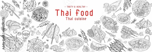 Thai food menu restaurant. Thai food sketch menu. Asian food background. Asian food poster.  Vector illustration.