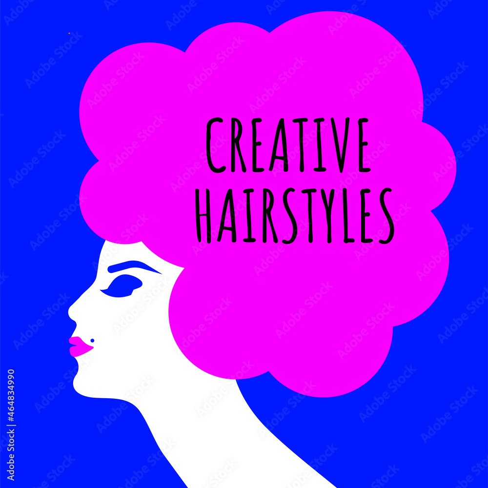 Portrait of girl with creative lush hairstyle. Banner for hairdressing salon, beauty salon. Stylish poster