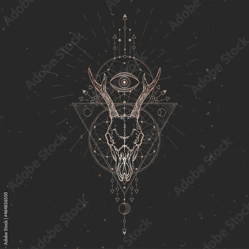 Vector illustration with hand drawn Roe deer skull and Sacred geometric symbol on black vintage background. Abstract mystic sign.