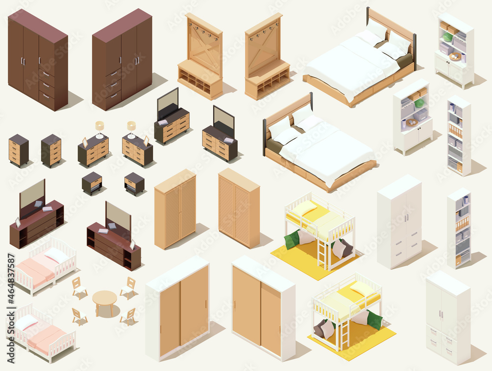 Vector isometric home furniture set. Domestic furniture and equipment. Chairs, lamps, cabinets, beds stools and other furniture Vector isometric home furniture set. Domestic furniture and equipment. Chairs, lamps, cabinets, beds stools and other furniture