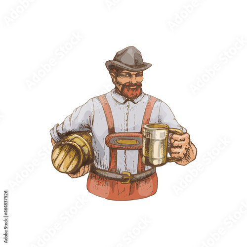 Man wearing traditional Bavarian dress shorts holding beer mug and barrel. Vintage hatching