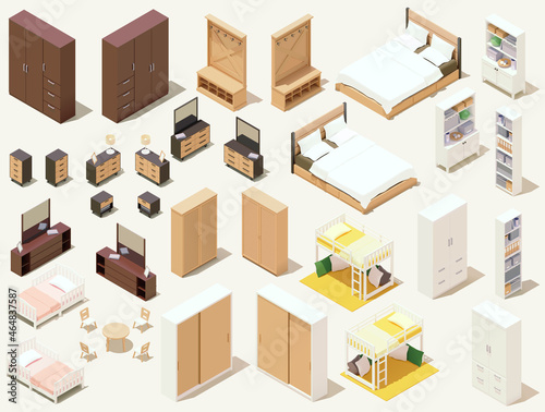 Vector isometric home furniture set. Domestic furniture and equipment. Chairs, lamps, cabinets, beds stools and other furniture