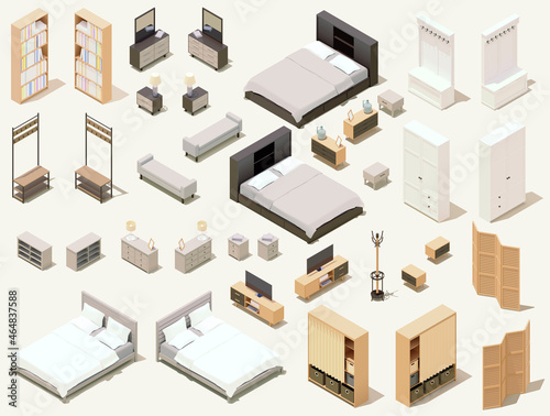 Vector isometric home furniture set. Domestic furniture and equipment. Chairs, lamps, cabinets, beds stools and other furniture