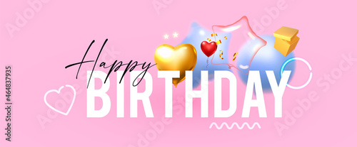 Happy Birthday with foil balloons. Glossy celebration design template. Anniversary, sale, baby shower and wedding invitation.