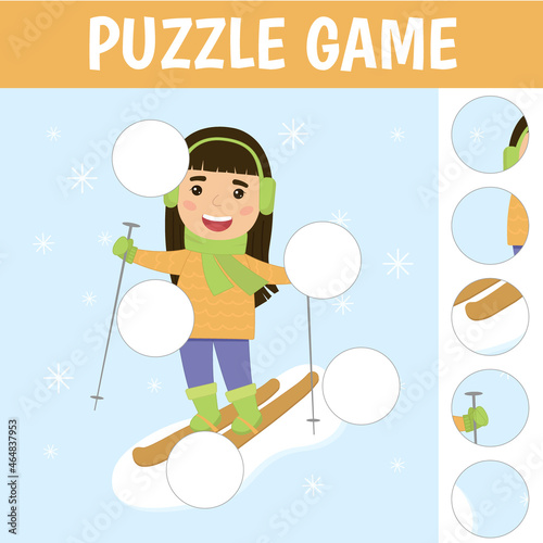 Cartoon illustration of educational match the pieces jigsaw puzzle Game for Children. The Girl skiing in winter.