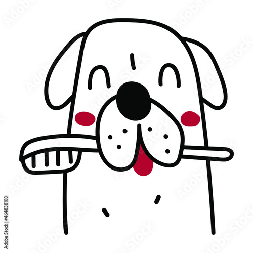 Dog holding toothbrush. Vector outline illustration on white background.  