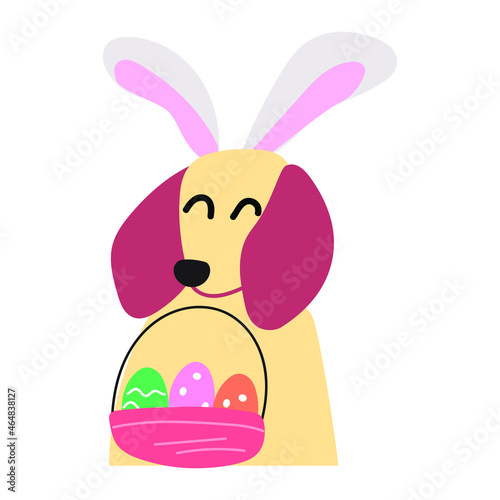 Cute dog with basket full of eggs. Bunny ears. Idea for Happy Easter party. Hand drawn illustration.