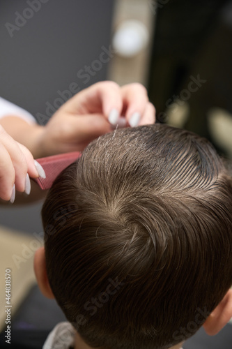 woman hairdresser cuts a little boy's hair