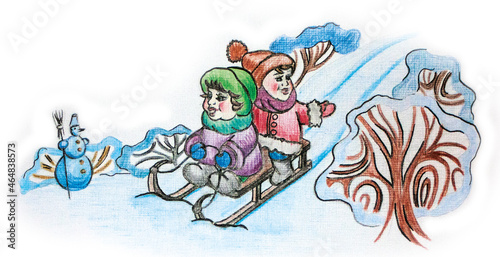 Winter illustration. Children are sledding down the hill. Winter forest, snowdrifts, snowman. The picture is drawn manually. The image is isolated on a white background © Мария Овчарова