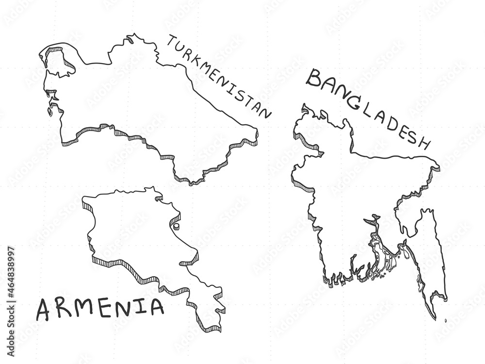 3 Asia 3D Map is composed Armenia, Bangladesh and Turkmenistan. All hand drawn on white background.