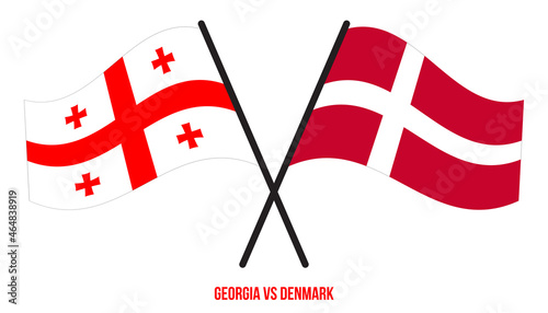 Georgia and Denmark Flags Crossed And Waving Flat Style. Official Proportion. Correct Colors.