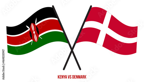 Kenya and Denmark Flags Crossed And Waving Flat Style. Official Proportion. Correct Colors.