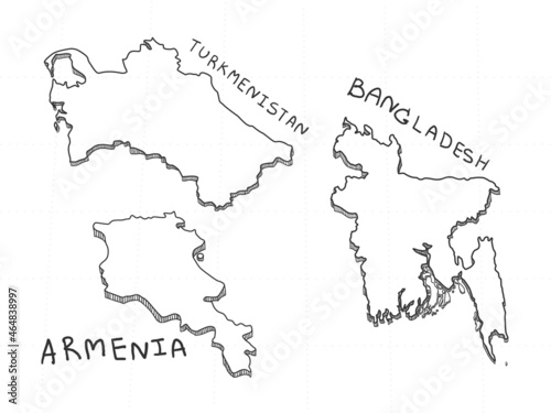 3 Asia 3D Map is composed Armenia  Bangladesh and Turkmenistan. All hand drawn on white background.