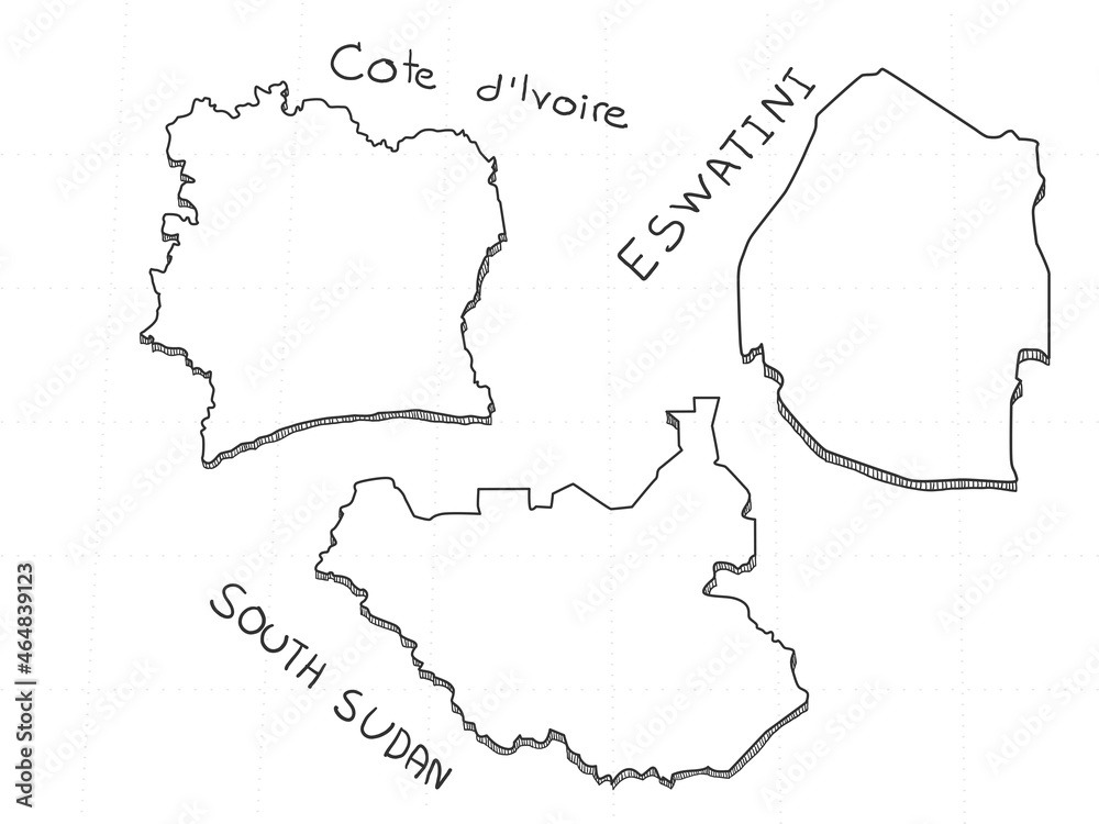 3 Africa 3D Map is composed Cote d'Ivoire, Eswatini and South Sudan. All hand drawn on white background.