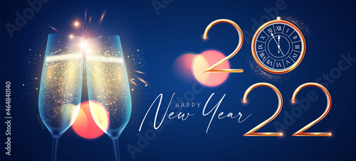 Happy 2022 New Year Elegant Christmas congratulation with 3D realistic gold metal text and champagne glasses