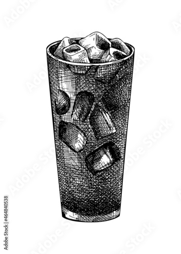  Morning coffee cup - hand-sketched illustration. Vector sketch of  glass with iced coffee. Caffeine drink with ice hand-drawing isolated on white background