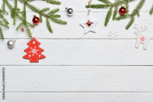 Happy New Year and Christmas. Holiday banner, postcard. Red and white decor for the Christmas holiday.