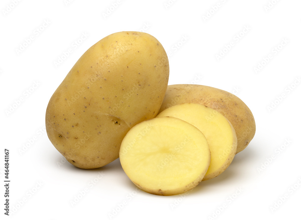 young potatoes and sliced isolated on white background, with clipping path.