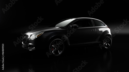 Modified image of a fictional non-existent car. A black car on a dark abstract background. Logo on the car is fictitious. © Vankherson