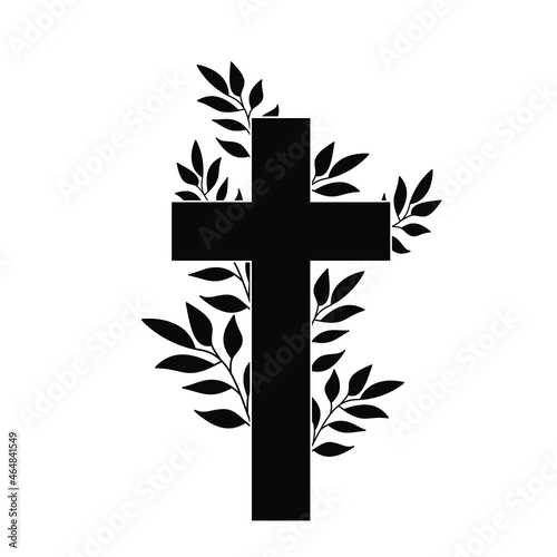 Christian cross with plant. Cross with flowers. Black design of christian cross with branch. Vector illustration