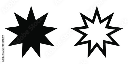 Bahai star. Set of black Bahai stars. Religious symbol of Bahaism. Vector illustration.