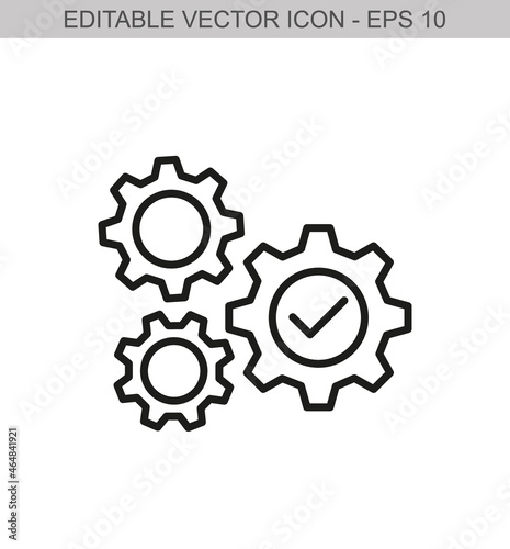 Gears with checkmark sign. Editable stroke line icon. Vector illustration